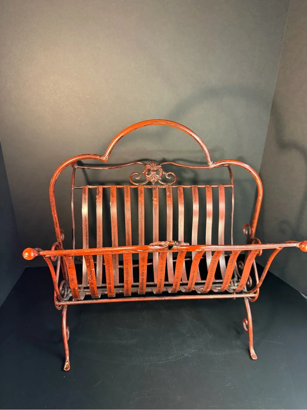 Mid-Century Red Metal Magazine Basket – Ornate Scrollwork Hearth Decor Folding